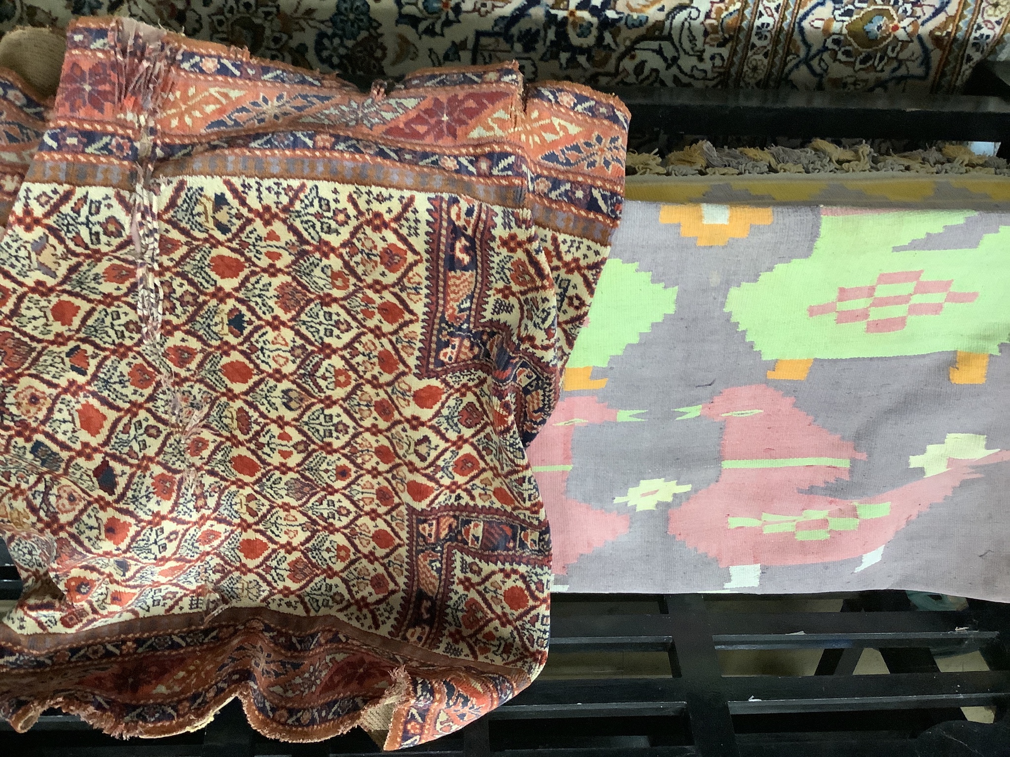 An antique Caucasian geometric runner 340 x 104cm, a machined rug and a Kelim rug